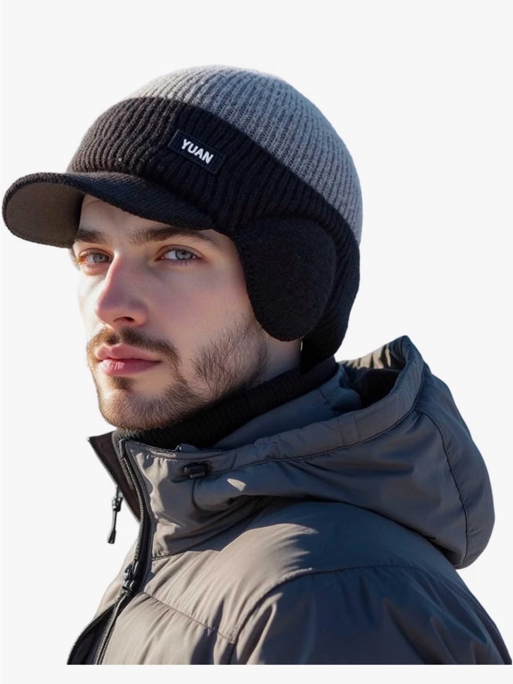 NWOT YUAN Two-Tone Knit Cap with Visor and Ear Flaps unisex